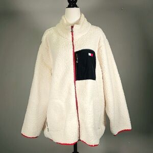 NWT Tommy Hilfiger Cream Sherpa Zip-Up Jacket with Black Pocket Accent